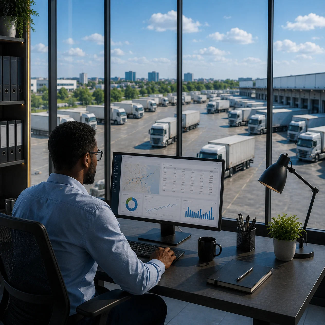 Fleet manager reviewing freightNXT dashboards overlooking a truck yard